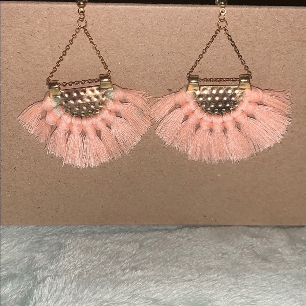 Peach and gold tassel fan dangling earrings